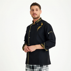 Siyah Lale Motifli Hakim Yaka Aşçı Ceketi