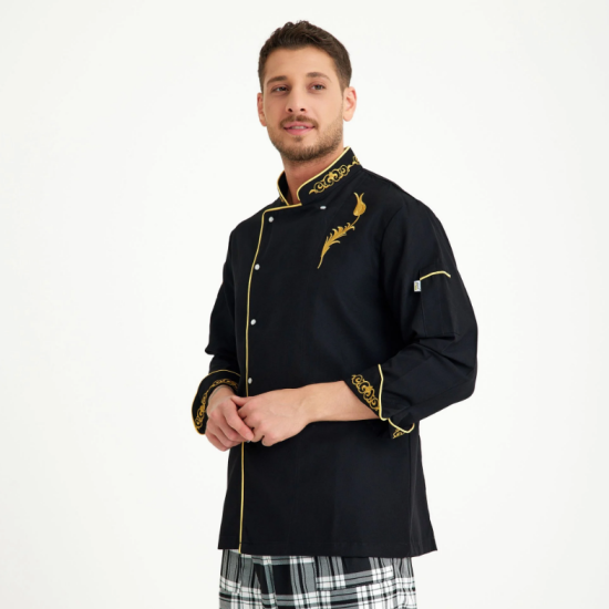 Siyah Lale Motifli Hakim Yaka Aşçı Ceketi