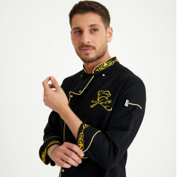 Siyah Altın Varak Motifli Hakim Yaka Aşçı Ceketi