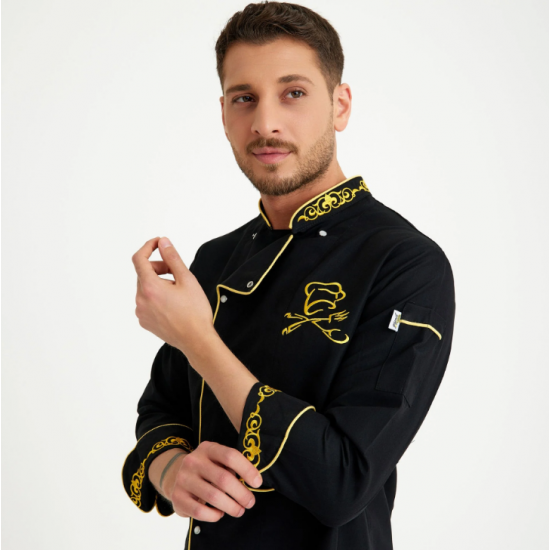 Siyah Altın Varak Motifli Hakim Yaka Aşçı Ceketi